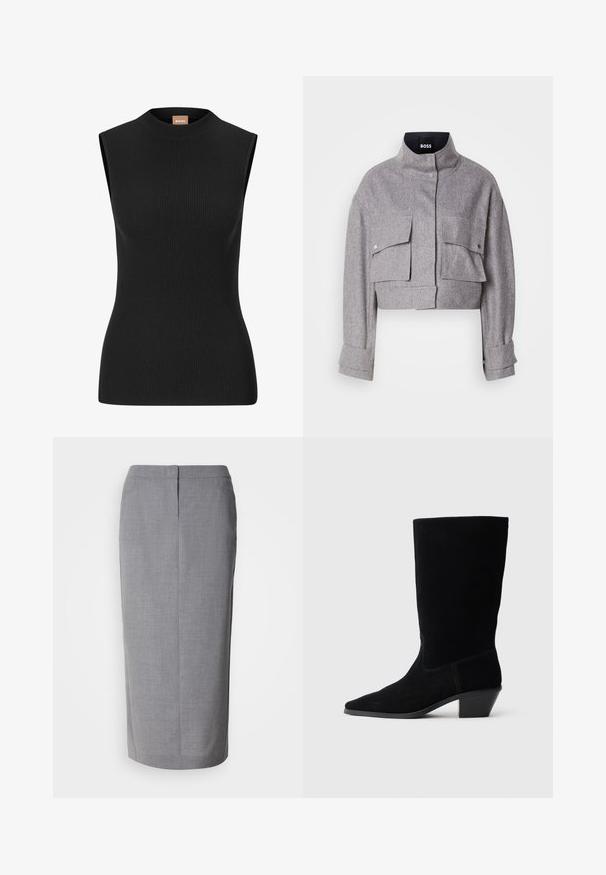 Grå cropped jakke med høj krave, to forlommer med klap og trykknapper, og lange ærmer med manchet detaljer.; Ermeløs sort ribbet top med høj hals og figursyet pasform, lavet af strækbart materiale. Har minimal branding på nakken.; Grå blyantskirt lavet af struktureret stof, med lige snit, bagslæb og skjult lynlås lukning bagpå.; Sort ruskind ankelstøvle med spidse tæer, mellemhøj skaft og en chunky hæl. Fuldender et minimalistisk design med lidt syninger og en glat tekstur.