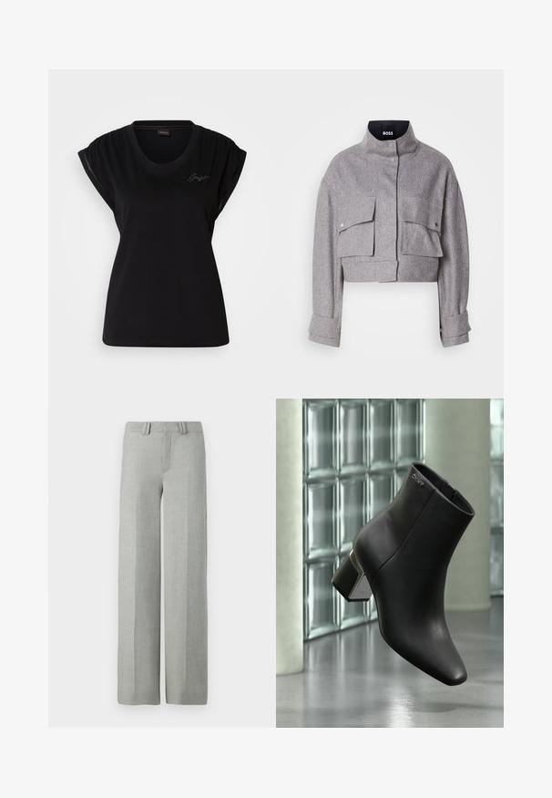 Chaqueta gris corta con cuello alto, dos bolsillos frontales con solapa y botón a presión, y mangas largas con detalles en los puños.; Camiseta negra de manga corta hecha de algodón con cuello redondo, que presenta detalles fruncidos en los hombros y un sutil acento de logo bordado.; Pantalones gris de pierna ancha en una tela ligera, con un frente plano, presillas para cinturón y líneas limpias y ajustadas sin patrones visibles.; Botín de cuero negro con tacón cuadrado, logo DKNY cerca de la parte superior, exhibido frente a una pared de bloques de vidrio y suelo de hormigón pulido.