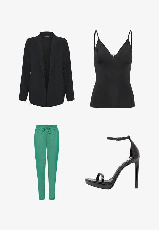 Zwarte blazer met een op maat gemaakt ontwerp, notch-kleppen en twee voorkeurs; gemaakt van een gladde stof met een gestructureerde pasvorm.; Zwarte, getailleerde camisole met verstelbare dunne spaghettibandjes, V-hals, naadloos ontwerp en een zachte textuur. Gemaakt van een zachte, rekbare stof.; Groene joggerbroeken van zachte stof, met een elastische taille, trekkoordsluiting en twee zijzakken met een slim fit ontwerp.; Steve Madden MILANO - Sandalen met hoge hak - black