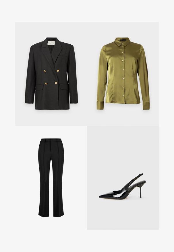 Blazer noir à double boutonnage avec des boutons dorés, col cranté et deux poches avant ; tissu tissé à texture lisse. Étiquette de marque visible à l'intérieur.; Chemise vert olive à manches longues avec col, fermeture à boutons sur le devant, et texture satinée lisse. Comporte cinq boutons et une coupe ajustée.; Pantalons noirs ajustés avec une coupe droite, dotés de plis avant et d'une taille plate. Fabriqués en tissu lisse.; Sandale à talon aiguille en cuir verni noir à bout pointu, avec une fine sangle et une boucle dorée sur fond blanc.