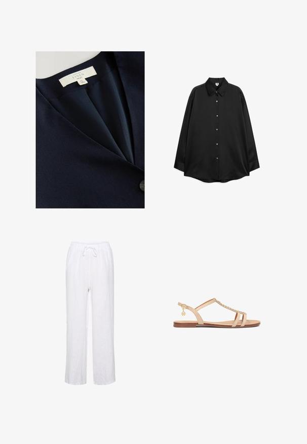 Blazer de lino navy con diseño de cuello en V, textura suave y cierre de un botón. Etiqueta de cuidado visible en el interior.; Camisa negra de manga larga con botones, cuello clásico, corte holgado y diseño liso, mostrada extendida sobre fondo blanco.; Pantalones de lino blancos con un ajuste relajado, que cuentan con una cintura elástica y cordones, y piernas rectas. Textura suave, tejido ligero.; Sandalia plana beige con tiras finas, decoración de cadena dorada en la tira delantera y pequeño colgante dorado en la hebilla del tobillo.