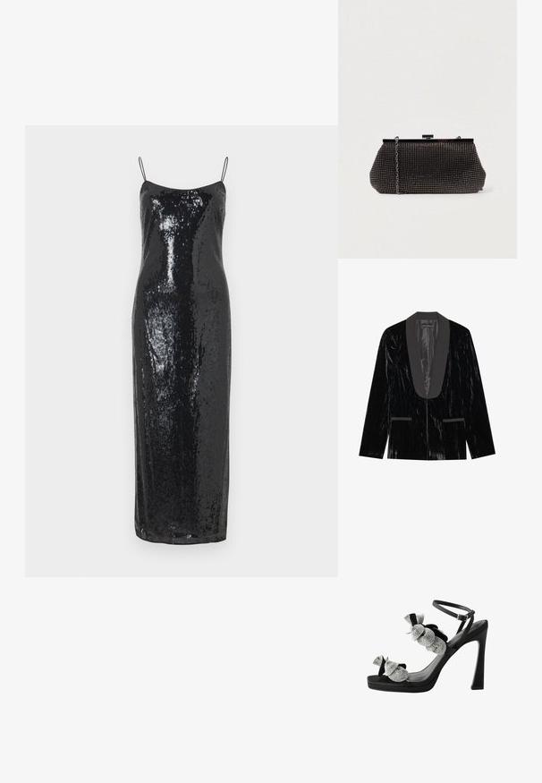 Sort fløjl blazer med satin sjalskrave, der har forlommer og en tekstureret overflade, hvilket skaber et slankt og formelt udseende.; Sort palietkjole med tætsiddende silhuet, spaghetti-stropper og længde til midt på læggen. Glat tekstur med glitrende overfladedetaljer.; Sorte højhælede sandaler med en tyk platform, prydet med sølv rhinestones og blomsterstofdetaljer på stropperne.; Sort mesh clutch-taske med en struktureret silhuet, prydet med små metalstuds, har en låsemekanisme og en aftagelig kæderekke.