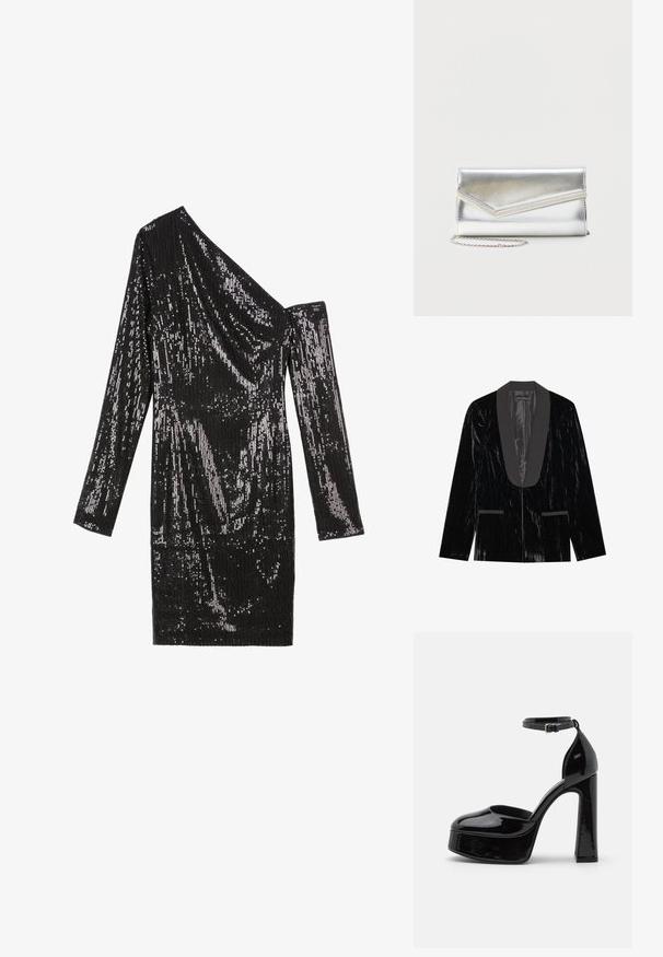 Sort fløjl blazer med satin sjalskrave, der har forlommer og en tekstureret overflade, hvilket skaber et slankt og formelt udseende.; Anna Field Cocktailkjole / festkjole - black; Sorte patentlæder platform hæle med ankelrem, rund tå og blokhæl, der viser en glat, skinnende overflade.; Skinnende sølv clutch taske med kuvertlåg og dekorativ kant, lille sølvkæde, på ensartet lys baggrund.
