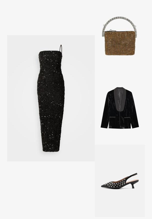 Sort fløjl blazer med satin sjalskrave, der har forlommer og en tekstureret overflade, hvilket skaber et slankt og formelt udseende.; Jarlo CLEMENT - Gallakjole - black; Sort slingback hæl med spids tå, pyntet med sølvnitter, med en lav blokhælkonstruktion og en glat lædertekstur.; Lille rektangulær clutch med guld rhinstene og et sølvhåndtag lavet af store klare ædelstene, med lynlåslukning øverst.
