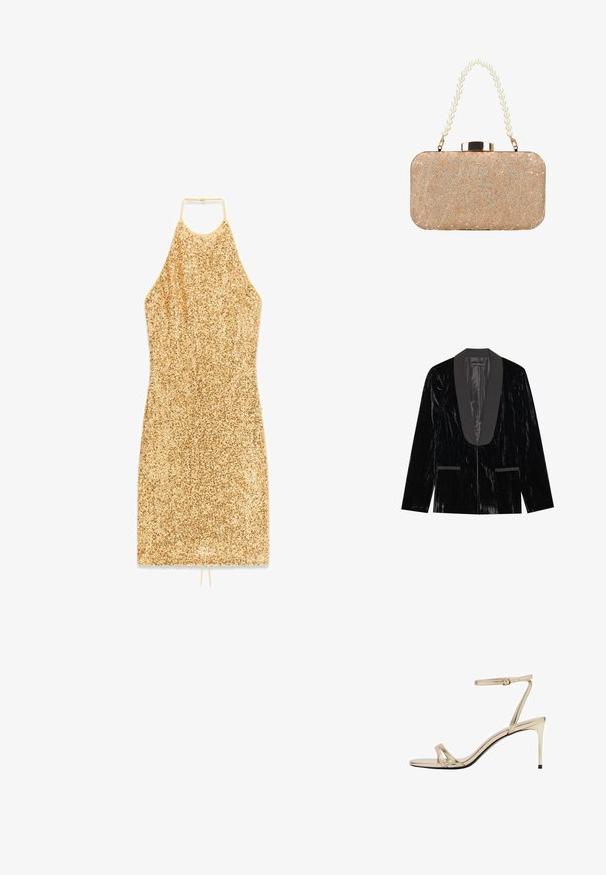 Blazer en velours noir avec un col châle en satin, comprenant des poches frontales et une surface texturée, créant une apparence élégante et formelle.; Mini-robe dorée à paillettes avec un col halter. Texture lisse, silhouette ajustée, et détail à cordon de serrage à l'ourlet pour ajustement.; Sandale à talon haut métallisée dorée avec une fine lanière autour de la cheville, ouverte à l'avant et avec des lanières croisées élancées. Fini brillant avec une semelle noire.; Pochette rectangulaire dorée avec motif en dentelle florale, accents pailletés et une poignée composée de grosses perles blanches.