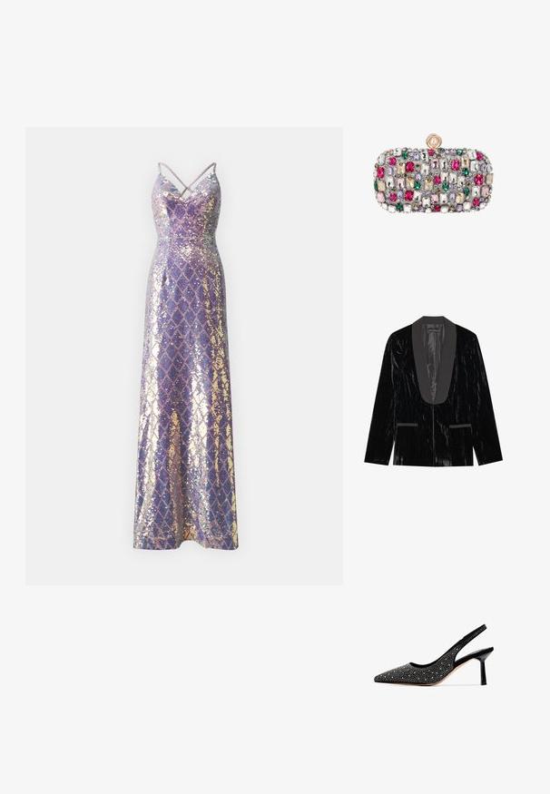 Sort fløjl blazer med satin sjalskrave, der har forlommer og en tekstureret overflade, hvilket skaber et slankt og formelt udseende.; Perlebesat maxikjole med tætsiddende overdel, V-udskæring og krydset stropper. Har et diamantmønster i iriserende lilla og guld nuancer.; Sorte suede slingback pumpe med spids tå, prydet med metalliske nitter og en blank sort stiletto hæl. Glat indvendig foring.; Rektangulær clutch dækket af flerfarvede rektangulære og runde ædelstene med en rund perle-lås på toppen.