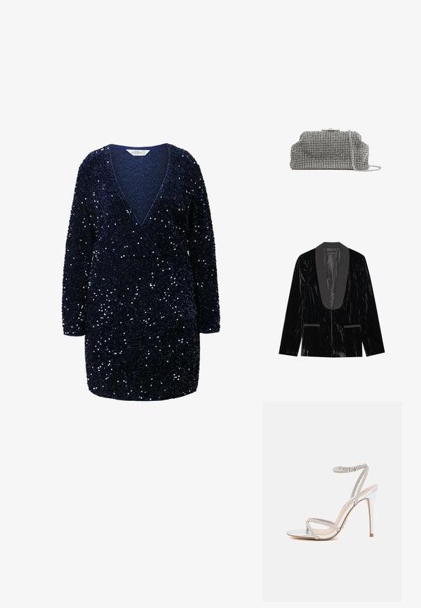 Sort fløjl blazer med satin sjalskrave, der har forlommer og en tekstureret overflade, hvilket skaber et slankt og formelt udseende.; Mørkeblå, palietteret kjole med lange ærmer, omslagsdesign, dyb V-hals og struktureret stof, der har en tætsiddende talje og løs kant.; Sølv højhælede sandal med tynde stropper, prydet med rhinsten, og med et elegant design og spids tå.; Reiss ADALINE EMBELLISHED - Clutches - silver coloured
