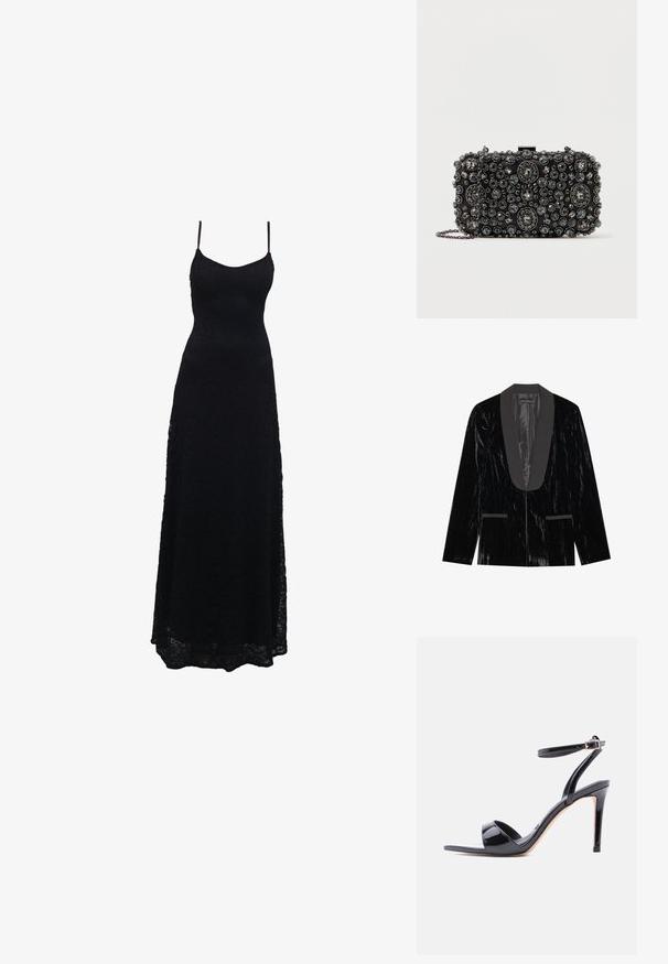 Blazer en velours noir avec un col châle en satin, comprenant des poches frontales et une surface texturée, créant une apparence élégante et formelle.; Robe maxi en dentelle noire avec des bretelles spaghetti fines, un corsage ajusté, une jupe évasée et un motif de dentelle complexe sur tout le tissu.; Sandale à talon haut en cuir verni noir, à bout ouvert, avec bride à la cheville et fermeture à boucle, vue de profil sur fond blanc.; Pochette noire ornée de rhinestones ronds et ovales de différentes tailles, avec une chaîne en argent et un fermoir.
