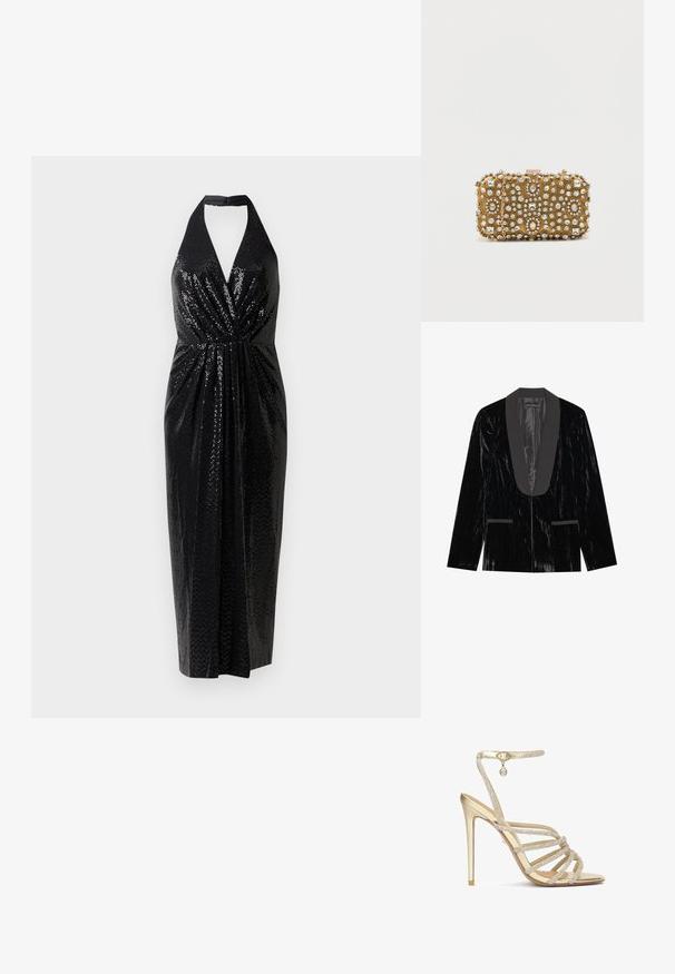 Zwarte fluwelen blazer met een satijnen sjawlkragen, voorzien van voorzakken en een gestructureerd oppervlak, wat zorgt voor een elegante en formele uitstraling.; Zwarte halterjurk van sequin-stof, met een diepe V-hals, een geplooide taille en een aansluitende silhouet die tot halverwege de kuit valt.; Gouden hoge hakken sandalen met meerdere kralen-omzoomde banden en een enkelbandje, met een gladde metallic afwerking en een puntige neus.; Gouden clutch met intrikate kraal- en strasstenen versieringen. Rechthoekige vorm, sluiting met clasp en een afneembare schouderriem.