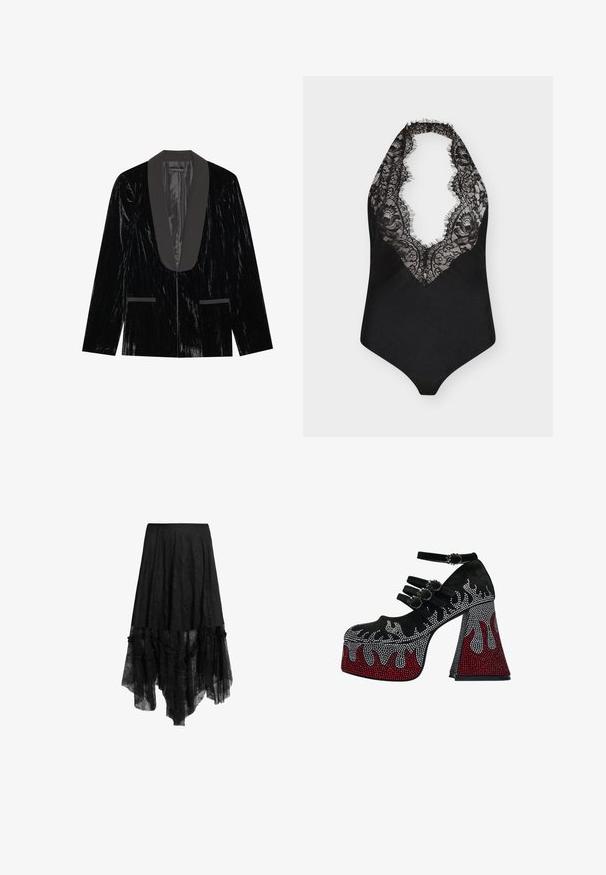 Sort fløjl blazer med satin sjalskrave, der har forlommer og en tekstureret overflade, hvilket skaber et slankt og formelt udseende.; Sort halterneck bodystocking med dyb V-udskæring og blondekant med blomsterformet mønster på fronten mod en hvid baggrund.; Sort høj-lav nederdel med gennemsigtig blondeoverdel og flæset kant, med en fitted linning og teksturerede stofdetaljer.; Sort platform Mary Jane-hæl med tre spænder, pyntet med røde og sølvfarvede rhinsten i flammemønster, der dækker skoen og blokhælen.