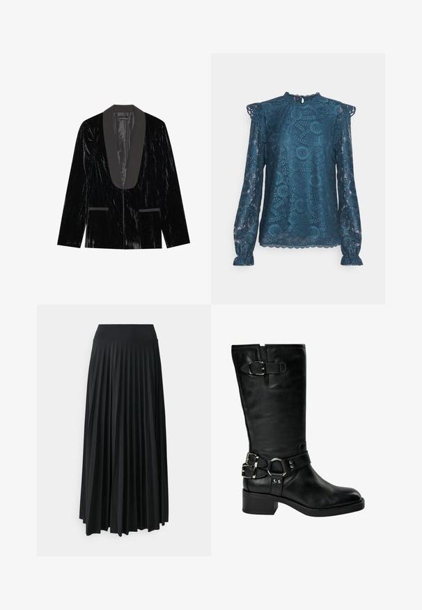Blazer de terciopelo negro con un cuello de chal de satén, que cuenta con bolsillos frontales y una superficie texturizada, creando una apariencia elegante y formal.; PIECES Tall PCOLLINE - Blusa - reflecting pond; Falda maxi negra con pliegues y cinturilla elástica ancha. Fabricada con un tejido suave y fluido, presenta pliegues verticales para añadir textura.; Bota negra de cuero hasta la mitad de la pantorrilla con tacón bajo y ancho, dos hebillas plateadas en el tobillo, una hebilla cerca de la parte superior y una correa con detalle de anillo metálico.
