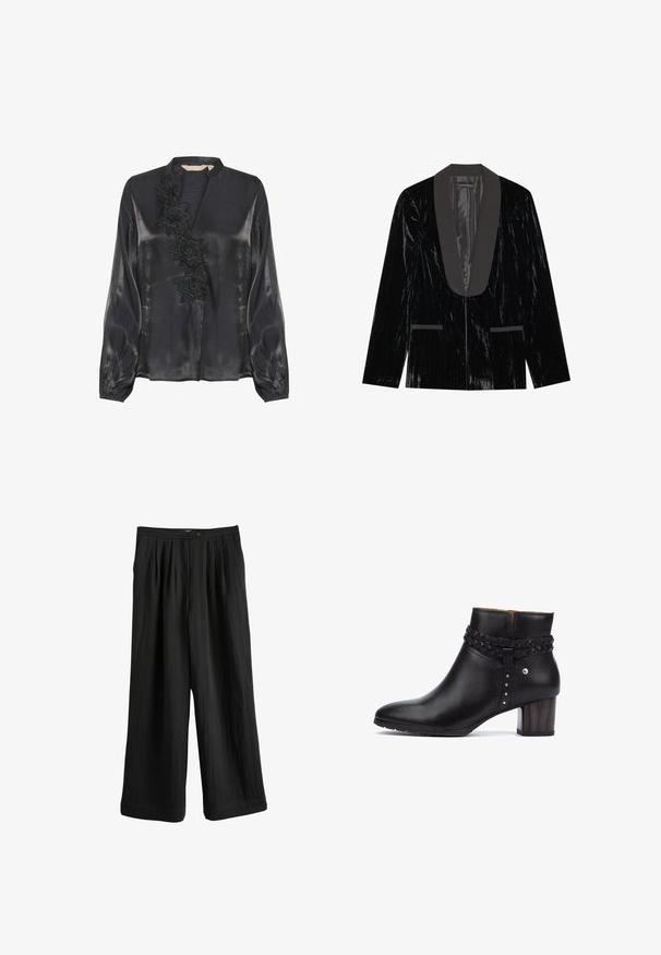 Sort fløjl blazer med satin sjalskrave, der har forlommer og en tekstureret overflade, hvilket skaber et slankt og formelt udseende.; Culture CUFIOLA - Bluse - black; Sort vide bukser lavet af let stof, med plisseret front, knaplukning og glat tekstur.; Pikolinos CALAFAT - Ankelstøvler - black