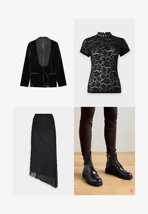 Zwarte fluwelen blazer met een satijnen sjawlkragen, voorzien van voorzakken en een gestructureerd oppervlak, wat zorgt voor een elegante en formele uitstraling.; Zwarte kanten top met een hoge rimpel halslijn en korte mouwen, met een bloemenpatroon en doorzichtige textuur over het geheel.; ONLY ONLKIM SLIT - Maxirok - black; Zwarte leren enkellaarsjes met brogue-details, een vetersluiting aan de voorkant, ritsen aan de zijkant en gestructureerde rubberen zolen. Gecombineerd met donkere slim-fit broek.