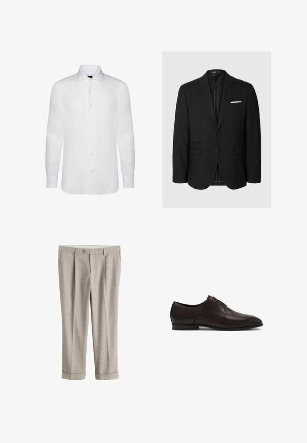 Blazer negro con tejido texturizado, diseño de un solo botón, solapas de muesca, dos bolsillos frontales y detalle de pañuelo blanco en el bolsillo.; Camisa blanca de manga larga abotonada, hecha de una tela ligera, con un cuello clásico, una textura sutil y seis botones al frente.; Pantalones a medida de color beige claro con cierre de botones, trabillas para cinturón, bolsillos laterales y bajos doblados.; Zapato de vestir de cuero marrón oscuro con punta puntiaguda, textura suave, seis ojales para cordones y suela negra baja. Diseño minimalista.