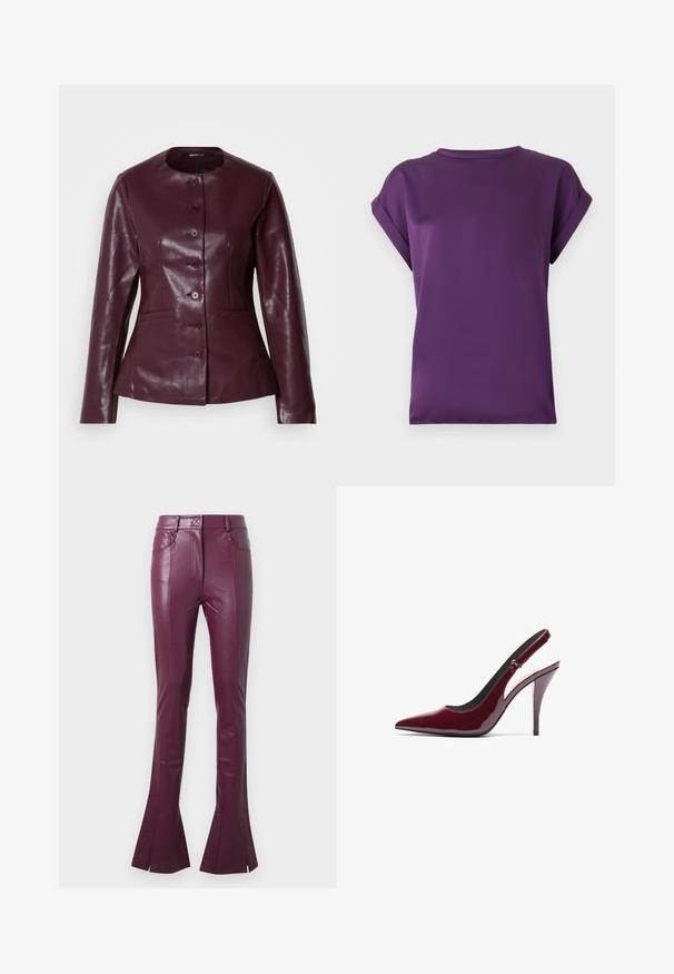Chaqueta de cuero burdeos con cuello redondo, cierre frontal de botones, dos bolsillos laterales y textura suave y brillante.; Camisa de manga corta morada con puños doblados y escote redondo, mostrada sobre un fondo neutro.; Pantalones acampanados de cuero burdeos con textura suave, cinco bolsillos y una cinturilla con trabillas para cinturón y cierre frontal con cremallera.; Zapatos de tacón slingback de charol burdeos con punta afilada, alto tacón de aguja y una textura suave y elegante. Detalle de correa ajustable.