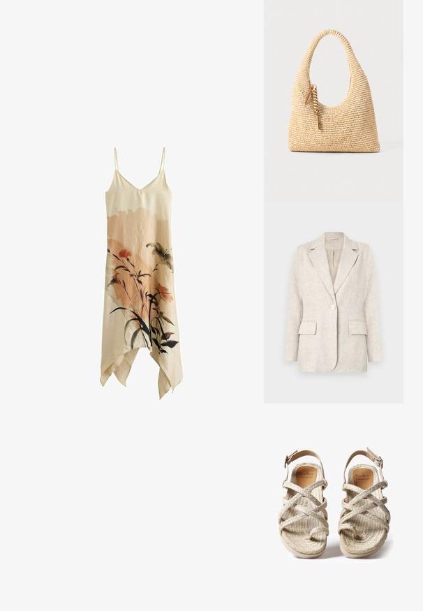Lys beige linned blazer med notched krave, enkelt knappelukning og to forlommer. Glat tekstur med en skræddersyet pasform.; Beige ærmeløs kjole med tynde stropper og lommetørklædekant, med blomstret print i sort, brunt og dæmpede rosa toner foran.; Beige flettede sandaler med krydsremdesignet, lavet af teksturerede naturlige fibre, med flad sål og justerbar ankelrem.; Vævet beige håndtaske med et buet håndtag, struktureret overflade og en brun frynse detalje. Har en afslappet, hobo-form.