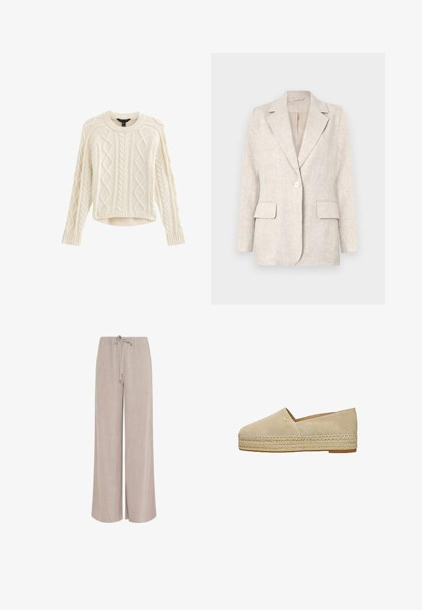 Blazer en lin beige clair avec un col cranté, fermeture à un bouton et deux poches à l'avant. Texture lisse avec une coupe ajustée.; Pull léger en crème avec des motifs en maille torsadée, col rond et manches longues. Présente un ourlet court et un tissu texturé pour plus de chaleur.; Pantalon large en lin beige avec taille élastique et cordon de serrage à l'avant, conçu pour une coupe décontractée et un port casual.; Espadrille beige en daim à enfiler avec semelle plateforme en jute tressé et petit logo métallique sur le côté supérieur.