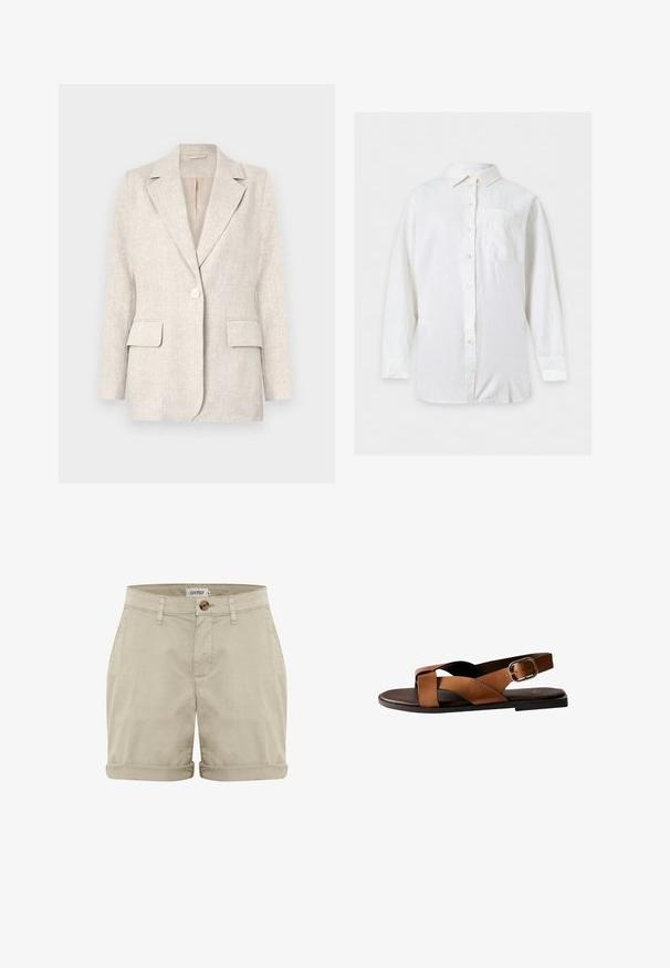 Lys beige linned blazer med notched krave, enkelt knappelukning og to forlommer. Glat tekstur med en skræddersyet pasform.; Hvid langærmet skjorte med knapper, krave og venstre brystlomme, vist fladt på en lys baggrund.; Beige bomuldsshorts med oprevet kant, med en frontknaplukning og syede lommer. Glat tekstur med minimal dekoration.; Brun læder flad sandal med krydsede remme, justerbar spænde og sort sål, vist i sideprofil på hvid baggrund.
