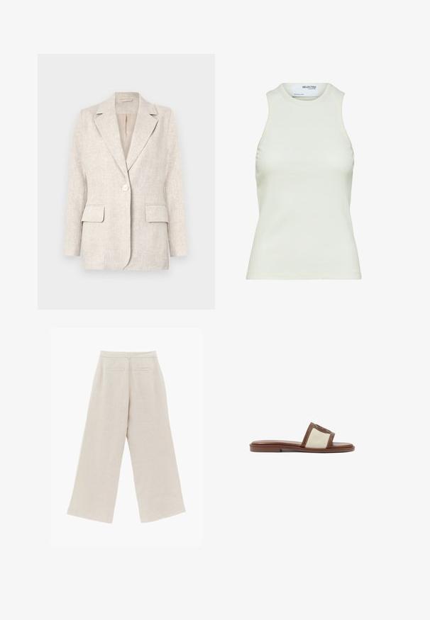 Lys beige linned blazer med notched krave, enkelt knappelukning og to forlommer. Glat tekstur med en skræddersyet pasform.; Ærmeløs hvid ribbet tanktop med rund halsudskæring fra Selected Femme, viser frontvisning uden mønstre eller dekorationer.; Beige bredbenede linnedbukser med baglommer og bæltestropper, vist fladt med bagsiden opad.; Brune læderslidesandal med en beige vævet overdel, flad sål og rund tå. Designet inkluderer en logoakcent på remmen.