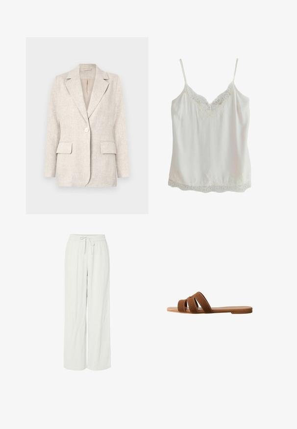 Blazer de lino color beige claro con cuello de pico, cierre de un solo botón y dos bolsillos frontales. Textura suave con un corte entallado.; Camisola sin mangas blanca con tirantes finos y adorno de encaje en el escote y el dobladillo, hecha de tela suave.; Pantalones de pierna ancha en gris claro, confeccionados en una suave tela texturizada. Cuentan con una cinturilla elástica con cordón ajustable para un ajuste personalizable.; Sandalia tipo slide de ante marrón con tres correas superpuestas, suela plana y costuras blancas en contraste en las correas para detalle.