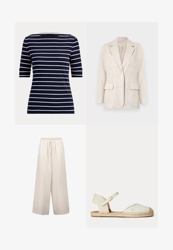 Lys beige linned blazer med notched krave, enkelt knappelukning og to forlommer. Glat tekstur med en skræddersyet pasform.; Marineblå skjorte med hvide vandrette striber og albuelange ærmer, vist på en ensfarvet lys baggrund.; Linning brede bukser i lys beige med elastisk talje og snor. Har en løs pasform og glat tekstur.; Hvid espadrillesandal med flettet hæl, ankrem med gyldent spænde og "RL"-logo på lærreds-tåhætten, flad jutesål.