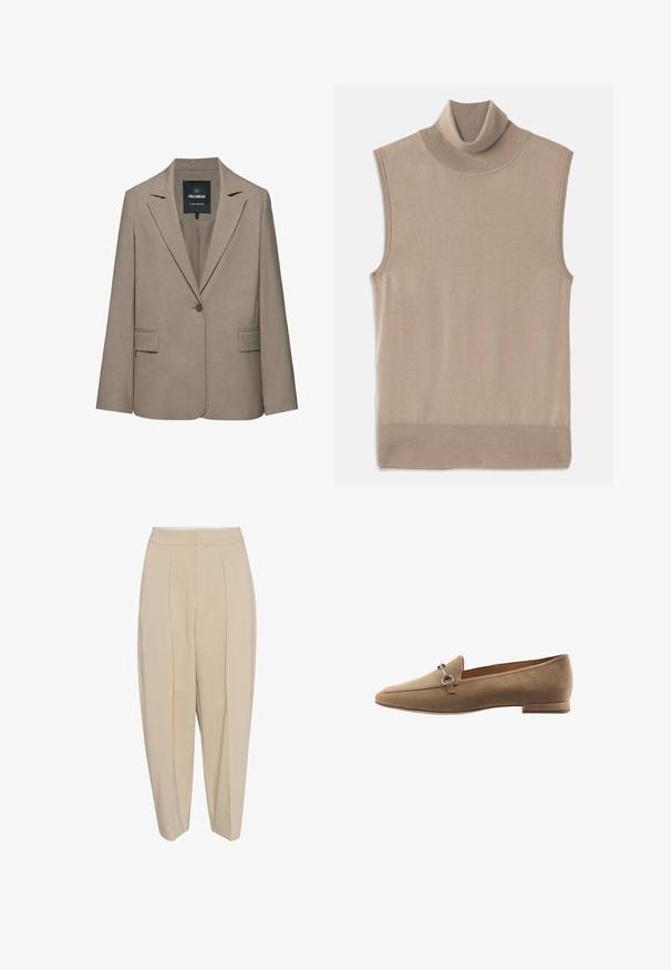 Beige, op maat gemaakte blazer met één knoop, revers met inkeping, klepzakken en een Pull&Bear-label aan de binnenkant van de kraag.; Beige mouwloze gebreide coltrui met geribbelde kraag, armsgaten en onderrand, plat gelegd op een witte achtergrond.; Beige op maat gemaakte broeken met een hoge taille, geplooide voorkant en taps toelopende pijpen. De stof lijkt glad met een subtiele glans. Geen zichtbare zakken.; Tan suède instappers met een taps toelopend ontwerp, voorzien van een kleine accente van zilverkleurig hardware en een lage hak. Gladde textuur met minimale stiksels.
