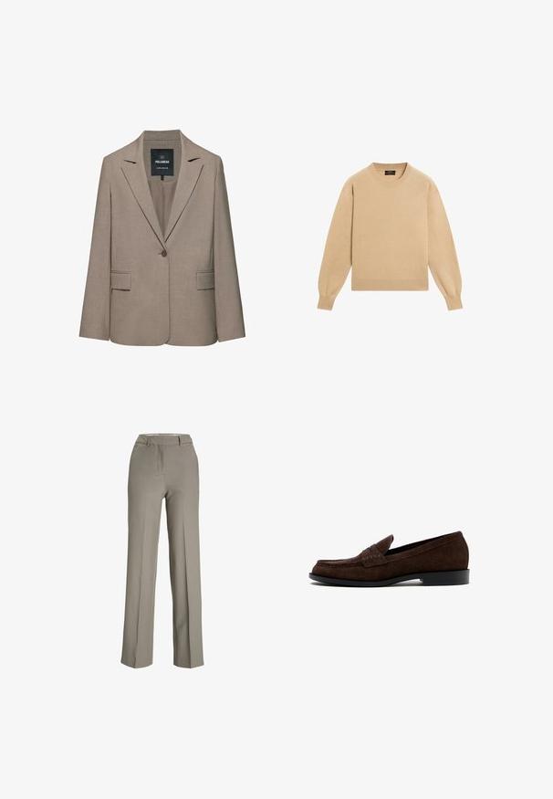 Beige skræddersyet blazer med enkelt knap, hakkede revers, klaplommer og et Pull&Bear-mærke inde i kraven.; Beige langærmet crewneck-sweater lagt fladt, ribbede manchetter, krave og kant, ensfarvet design uden synlige mønstre eller logoer.; Lys grå, brede bukser lavet af et glat stof med en skræddersyet talje, frontfolder og sidelommer.; Mørkebrun herre loafer i ruskind med lav hæl og mokkasinsøm, vist fra siden på hvid baggrund.