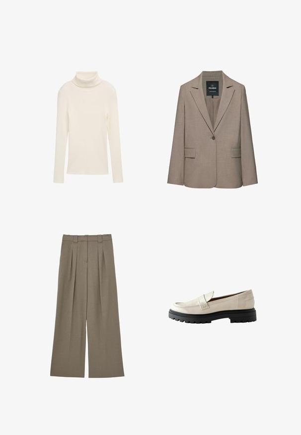 Béžové sako na jeden gombík s výstrihom do V, s náprsné vrecká so záklopkami a štítkom Pull&Bear vo vnútri goliera.; Krémový rolák z rebrovaného materiálu. Dlhé rukávy a priliehavý strih. Žiadne viditeľné vzory ani kovové akcenty.; Široké nohavice v teplej taupe farbe, s plochým predným dielom, skladmi a strihom na mieru, vyrobené z hladkej tkaniny s jemnou textúrou.; Béžové lakované kožené mokasíny s okrúhlou špičkou, robustnou čiernou gumovou podrážkou a prešitým detailom na prednej strane.