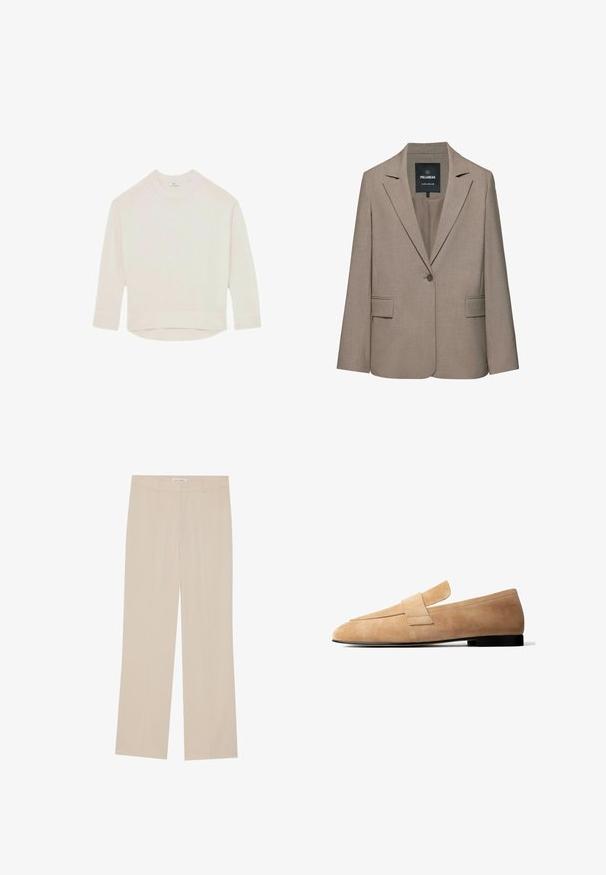 Beige skræddersyet blazer med enkelt knap, hakkede revers, klaplommer og et Pull&Bear-mærke inde i kraven.; Cremefarvet strikket sweater med lange ærmer og ribbede manchetter, krave og kant, som er lidt længere bagtil.; Beige vide ben bukser med en glat tekstur, der har en skræddersyet pasform, to forlommer og diskrete folder langs benene.; Lysebrun ruskindsløs loafer med en lav sort hæl og en bred remdetalje tværs over toppen, vist i sideprofil på hvid baggrund.