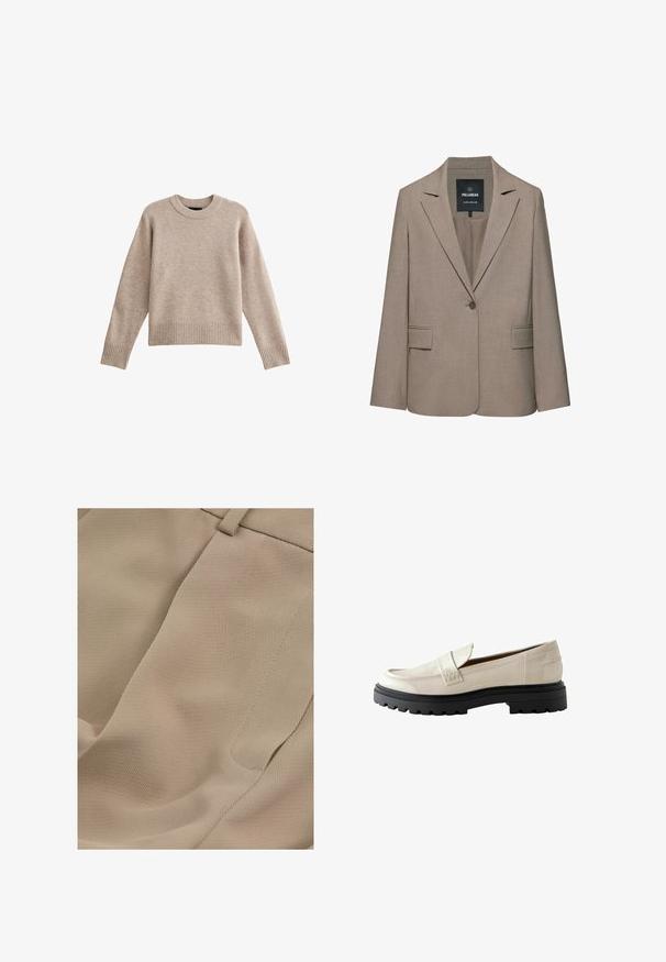 Blazer beige à un bouton, sur mesure, avec revers crantés, poches à rabat et une étiquette Pull&Bear à l'intérieur du col.; Pull en tricot beige avec un col rond, des poignets et un ourlet côtelés. La texture du tissu est douce avec un motif subtil. Conception à coupe décontractée.; Reiss PETITE FIT - EDEN ELASTICATED WAIST WIDE - Pantalon classique - mink neutral; Mocassin en cuir verni crème avec un bout arrondi, un accent cousu sur le devant et une semelle en caoutchouc noir épaisse avec un détail de crans.