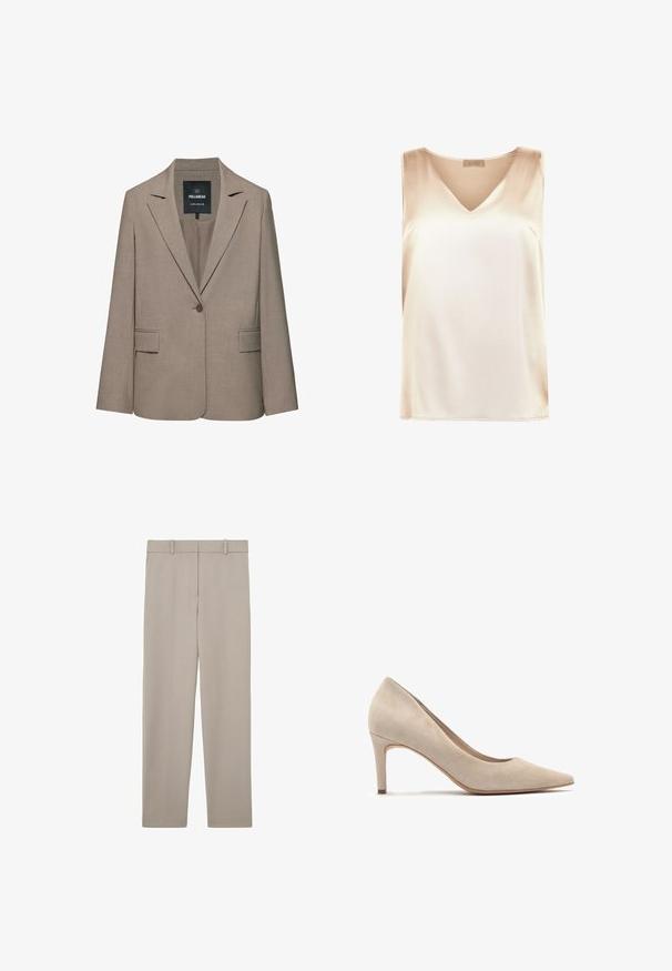 Beige skræddersyet blazer med enkelt knap, hakkede revers, klaplommer og et Pull&Bear-mærke inde i kraven.; Beige ærmeløs top lavet af glat stof med v-hals design og lige kant. Minimalistisk stil uden yderligere mønstre eller accenter.; Beige, lige bukser med bæltestropper og et rent, minimalistisk design, vist fladt på en hvid baggrund.; Beige ruskind højhælede sko med spids tå og en 7 cm hæl. Glat tekstur, minimalistisk design og en strømlinet silhuet.