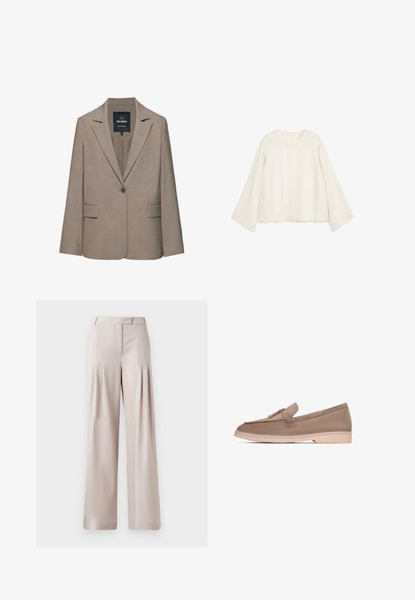 Blazer beige à un bouton, sur mesure, avec revers crantés, poches à rabat et une étiquette Pull&Bear à l'intérieur du col.; Blouse crème à manches longues avec manches larges, encolure ronde et coupe ample, étalée à plat sur fond blanc.; Pantalons larges beiges avec une texture lisse, un design plissé à l'avant et une taille ajustée. Convient pour une tenue formelle ou décontractée.; Mocassins en cuir brun avec une texture lisse, dotés d'une bande décorative et d'un matériel en or, reposant sur une semelle en caoutchouc beige clair.