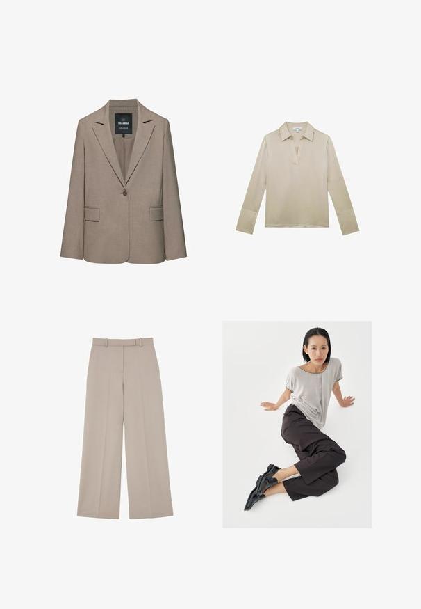 Beige skræddersyet blazer med enkelt knap, hakkede revers, klaplommer og et Pull&Bear-mærke inde i kraven.; Beige bluse med lange ærmer, V-hals og manchetter med knapper, vist på hvid baggrund.; Beige bukser med vide ben, bæltestropper, forlommer og presning ned langs midten af hvert ben.; Lysegrå top med korte ærmer, mørke bukser med vide ben og sorte loafers. Glat stof, afslappet pasform og kontrastfarvet kant på skjorten.