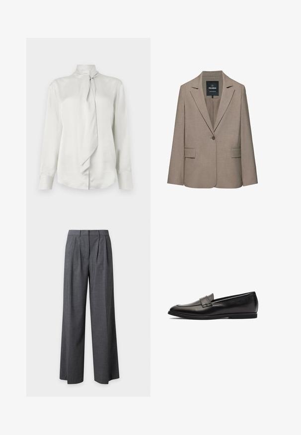 Beige skræddersyet blazer med enkelt knap, hakkede revers, klaplommer og et Pull&Bear-mærke inde i kraven.; Hvid langærmet bluse med høj krave og en foran knyttet tørklæde-detail, fremstillet af et glat satinlignende stof.; Mørkegrå bukser med vide ben, forreste læg, bæltestropper og skjult forlukning foran, vist mod en ensfarvet lys baggrund.; Sort læder loafersko med en glat finish, rund tå og dobbelte syninger på overdelen. Flad gummisål for komfort.