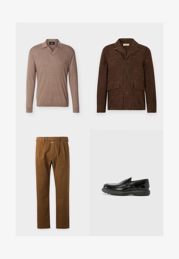 Veste pour homme en daim marron avec col à encoche, trois boutons sur le devant et deux poches à rabat au niveau des hanches.; Pull en maille marron à manches longues avec col et encolure en V, fabriqué en tissu léger, avec poignets et ourlet côtelés.; Pantalon marron à jambes droites avec passants de ceinture, bouton à l'avant et détails plissés sur fond clair.; Mocassin en cuir noir avec une finition brillante, bout arrondi, détails de couture subtils et semelle en caoutchouc épaisse pour la durabilité.