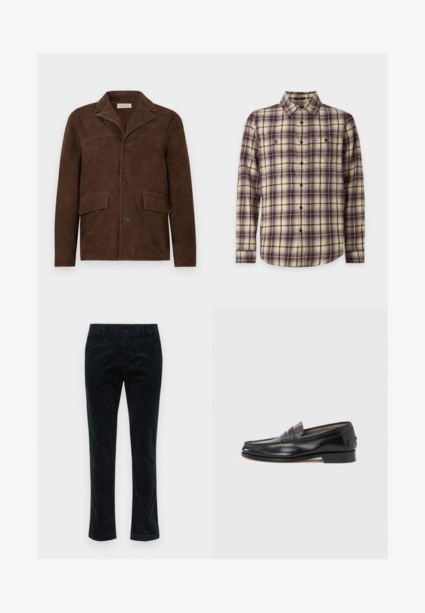 Veste pour homme en daim marron avec col à encoche, trois boutons sur le devant et deux poches à rabat au niveau des hanches.; Chemise à manches longues boutonnée avec motif à carreaux violet, crème et marron et deux poches poitrine sur fond blanc.; Pantalons en corduroy noir à jambe droite, avec des côtes verticales, une texture douce et une taille standard sans matériel visible.; Mocassins en cuir noir avec un design de style mocassin, présentant une bande décorative et un détail de couture sur le dessus. Talon bloc bas.