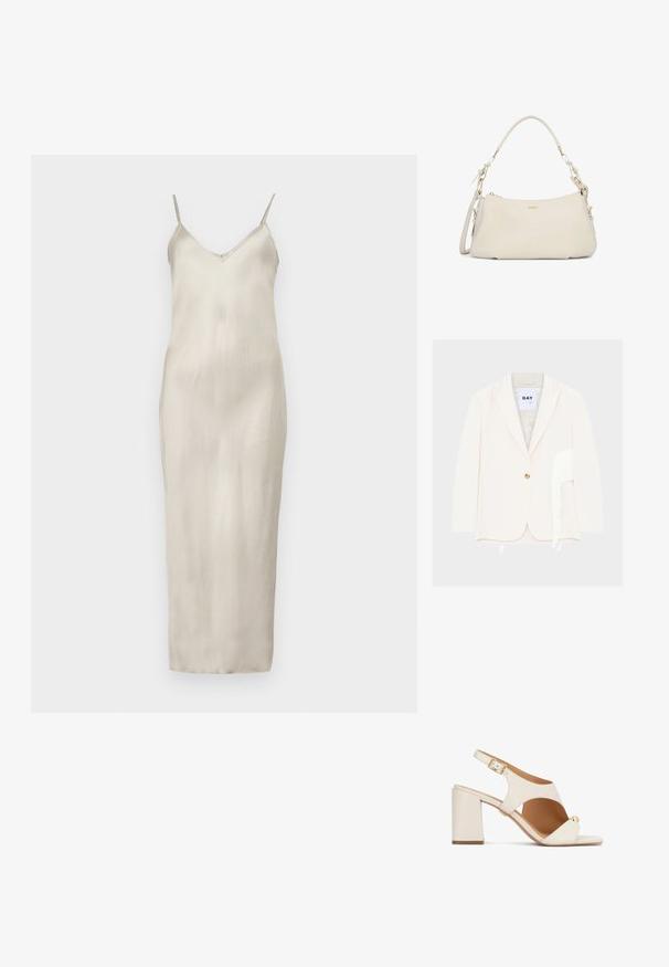 Blazer couleur crème à un bouton avec revers crantés et détail de franges blanches le long du côté droit près de l'ourlet.; Robe nuisette en satin de couleur beige clair, avec de fines bretelles réglables, un décolleté en V et une silhouette droite longueur sol avec une texture lisse.; Sandale à talon haut en cuir blanc avec un talon bloc, bout ouvert et bride à la cheville. Présente un accent doré sur la bride et une texture lisse.; Sac à main en cuir couleur crème avec une anse supérieure incurvée, une bandoulière réglable, des ferrures dorées et un petit logo au centre avant.