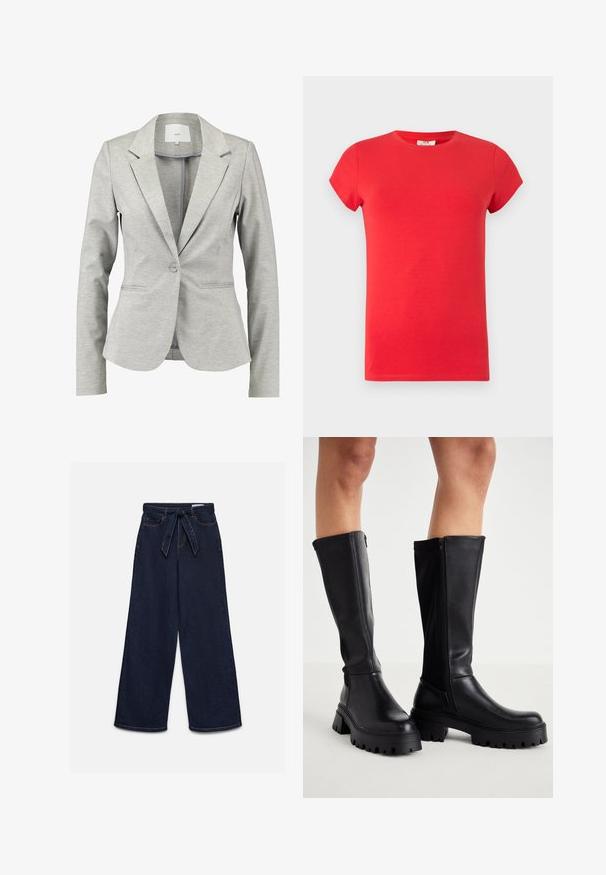 Lichtgrijze blazer van rekbaar materiaal, met een gekarteld revers, enkele knoopsluiting en twee voorkruiszakken met subtiele stikdetails.; Rood T-shirt met korte mouwen en ronde hals, slim fit, gladde textuur en zonder zichtbare logo's of patronen op een lichte achtergrond.; Donkerblauwe high-waisted wijde jeans met voorzakken en een bijpassende stoffen riem gestrikt in de taille.; Zwarte kniehoge laarzen van glad synthetisch leer met een dikke zool, zijrits en een ronde neusontwerp.