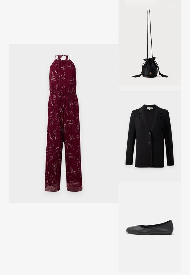 Zwarte blazer met een notch-kraag, twee knopen aan de voorkant en getailleerde naden. Gemaakt van een gladde stof met lange mouwen en een gestructureerde pasvorm.; Bordeaux jumpsuit met halternek, elastische tailleband en delicate witte bladerenpatronen. Lichtgewicht stof met wijde benen.; Zwarte leren ballerina met een ronde neus, gladde textuur, minimale stikdetails en een flexibele zoolontwerp.; Zwarte bucketbag met trekkoord, lange dunne band en klein goudkleurig vierkant logo aan de voorkant, weergegeven tegen een eenvoudige achtergrond.