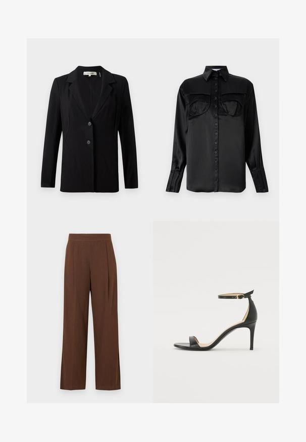 Blazer noir avec un col cranté, deux boutons à l'avant et des coutures ajustées. Fabriqué en tissu lisse avec des manches longues et une coupe structurée.; Chemise noire en satin à boutons avec manches longues, deux poches poitrine, col pointu et détail de poignet à un bouton. Texture lisse.; Pantalon marron à jambes larges avec une texture lisse, présentant un devant plat et des plis. La taille est élastiquée pour le confort et l'ajustement.; Sandale à talons hauts en cuir noir avec une lanière de cheville. Présente une texture lisse, un bout ouvert et un talon fin. Détail de boucle en ton doré.
