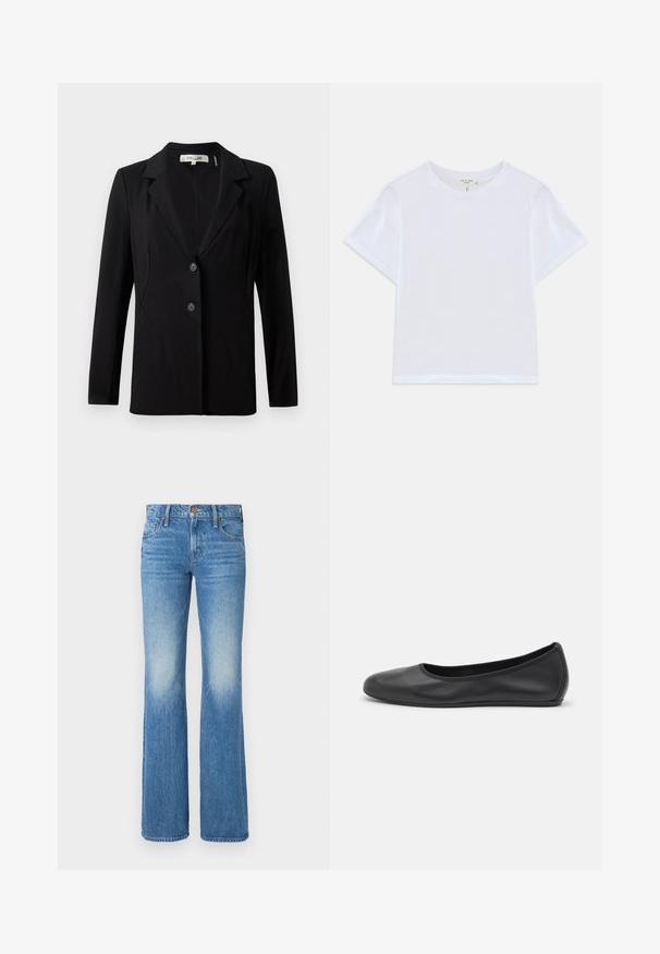 Sort blazer med slagkrave, to forreste knapper og skræddersyede sømme. Lavet af glat stof med lange ærmer og en struktureret pasform.; Hvid cropped t-shirt lavet af blødt bomuld, med rund hals og korte ærmer og en let løs pasform. Ingen mønstre eller accenter.; Lysblå fritidsbukser lavet af denim med et falmet design, fem-lomme stil og en knap- og lynlåslukning foran.; Sort læderballetsko med rund tå, glat tekstur, minimal syning og et fleksibelt såldesign.