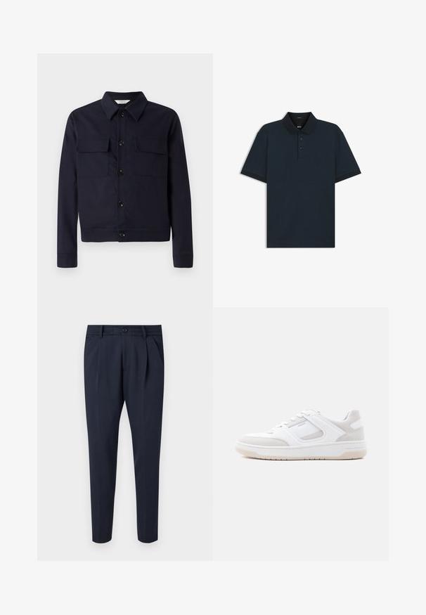 Libertine-Libertine MIND - Jas - navy; Herenpoloshirt met korte mouwen in marineblauw, voorzien van een gestructureerd patroon, een knoopsluiting met twee knopen en een gebreide kraag.; Marineblauwe broek van gladde stof, met plooien, een ritssluiting en knoopsluiting, zijzakken en een taps toelopend ontwerp.; Lage witte en lichtbeige sneaker met vetersluiting, gevoerde kraag en rubberen zool op een effen lichte achtergrond.