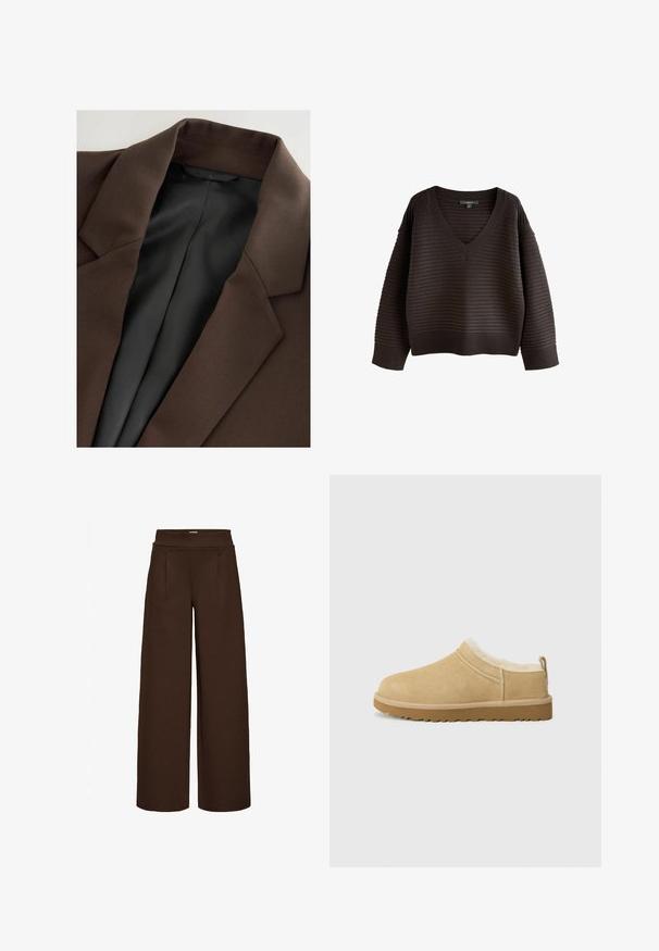 Brauner Blazer mit Reverskragen, der eine glatte Textur und ein schwarzes Satinfutter aufweist. Der Stoff wirkt strukturiert und maßgeschneidert.; Brauner Strickpullover mit V-Ausschnitt, ausgestattet mit gerippten Bündchen und Saum, vertikal verlaufenden strukturierten Streifen und einem lässigen Schnitt.; Braune weit geschnittene Hose aus glattem Stoff mit hohem Bund und zwei Vorderfalten, entworfen für einen lockeren Sitz.; Suede Slipper in hellbraun, ausgestattet mit einem weichen Fellfutter und einer strukturierten Gummisole mit einem leichten Absatz sowie einer Zugschlaufe hinten für einfaches An- und Ausziehen.