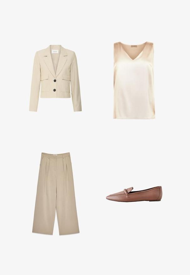 Beige cropped blazer lavet af struktureret stof har en spids krave, to påsyede lommer og to sorte knapper fortil.; Beige ærmeløs top lavet af glat stof med v-hals design og lige kant. Minimalistisk stil uden yderligere mønstre eller accenter.; Beige viddebukser med frontfolder, sidelommer, bælteløkker og en skjult lukning foran.; Brun læder flad loafer med afrundet firkantet tå og en løkke detalje henover overdelen, vist fra ydersiden.