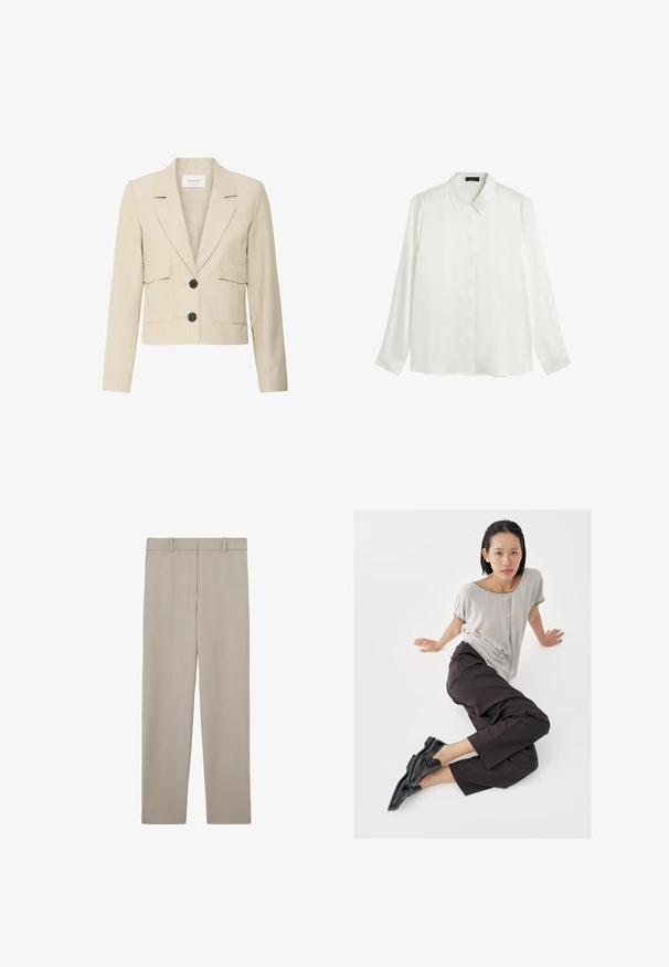 Beige cropped blazer van gestructureerde stof met een reverskraag, twee opgestikte zakken en twee zwarte knopen aan de voorkant.; Witte blouse met lange mouwen van gladdig stof, met een klassieke kraag, sluiting met knopen aan de voorkant en knoopmanchetten. Eenvoudig, minimalistisch design.; Beige rechte broek met riemlussen en een strak, minimalistisch ontwerp, plat weergegeven op een witte achtergrond.; Lichtgrijze top met korte mouwen, donkere wijde broekspijpen en zwarte loafers. Soepele stof, ontspannen pasvorm en contrasterende bies op het shirt.
