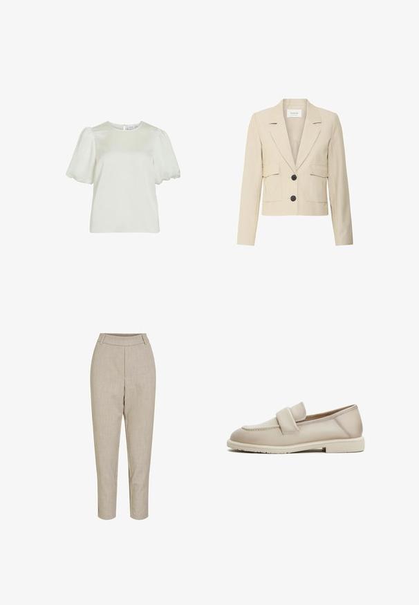 Beige cropped blazer lavet af struktureret stof har en spids krave, to påsyede lommer og to sorte knapper fortil.; Hvid kortærmet bluse med rund halsudskæring og puffede ærmer, med knappelukning bagpå.; Bordeaux skræddersyede bukser med en glat tekstur, tilpasset talje og cropped design. Har et subtilt vævemønster og sidelommer.; Beige læder loafers med en jævn tekstur, der har et forhøjet bånd over forgabreren og en lav, flad gummisål.