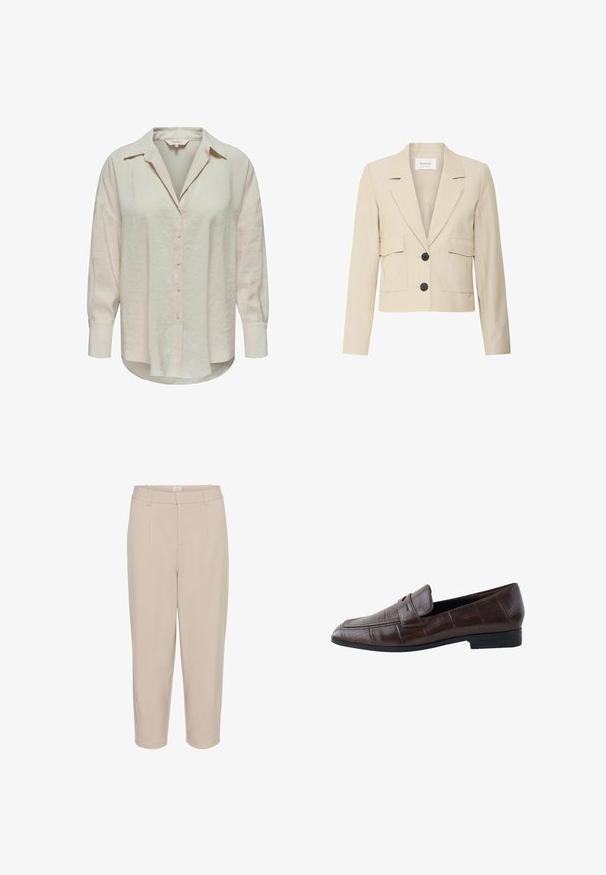 Blazer corto beige hecho de tejido texturizado que presenta un cuello con muesca, dos bolsillos de parche y dos botones negros en el frente.; Camisa abotonada de color beige claro con cuello, mangas largas y tela ligeramente texturizada. Presenta un dobladillo curvado y botones en el frente.; Pantalones recortados beige con una textura suave, pliegues frontales, dos bolsillos laterales y una cinturilla. Diseño de pierna recta con un acabado a medida.; Mocasín de cuero marrón oscuro con tacón bajo y detalle de tira en la parte superior, mostrado sobre un fondo blanco.