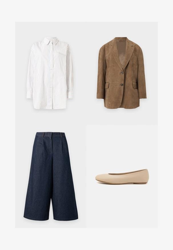 Brun ruskindsblazer med hakkede revers, to knapper, klaplommer og en brystlomme med hul, vist forfra mod en ensfarvet baggrund.; Hvid langærmet skjorte med lodrette striber i lyseblå og lyserød. Har knapper foran og spids krave. Blødt stof.; Vidbenede, mørkeblå denimculotter med forreste folder og bæltestropper, knæ- til længde, fremvist mod en lys baggrund.; Beige læder balletflade med afrundet tå, minimal sømdetaljering, lav hæl og subtilt logo på bagsiden. Glat, mat tekstur.