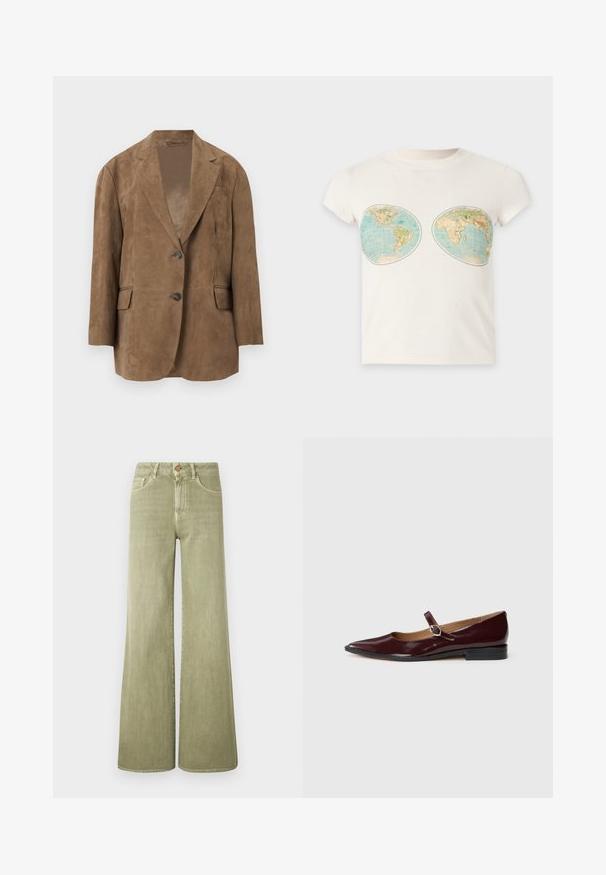 Blazer en suède marron avec revers crantés, deux boutons, poches à rabat et une poche poitrine passepoilée, présenté de face sur fond uni.; T-shirt blanc à manches courtes avec deux impressions de cartes du monde de style vintage placées sur la poitrine.; Jean vert à jambes larges en denim doux, avec une taille haute, des poches avant et des détails de couture subtils.; Ballerines en cuir verni bordeaux de type Mary Jane avec un bout pointu, un talon plat et une sangle décorative avec une boucle circulaire.