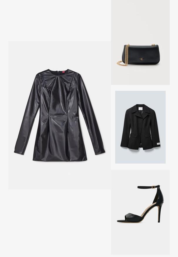 Zwarte op maat gemaakte blazer met brede revers, twee voorflapzakken en een merkembleem op de linker manchet, weergegeven op een lichtgrijze achtergrond.; 032c TRAPEZE TOO TIGHT MINI DRESS - Cocktailjurk - black luster; Zwarte hoge hak sandalen met open teen, soepel leren bovenwerk, enkelband met gouden gespsluiting en een beige voetbed.; Zwarte leren schoudertas met gouden kettingriem en klein gouden "cK"-logo in het midden van de voorflap tegen een effen achtergrond.